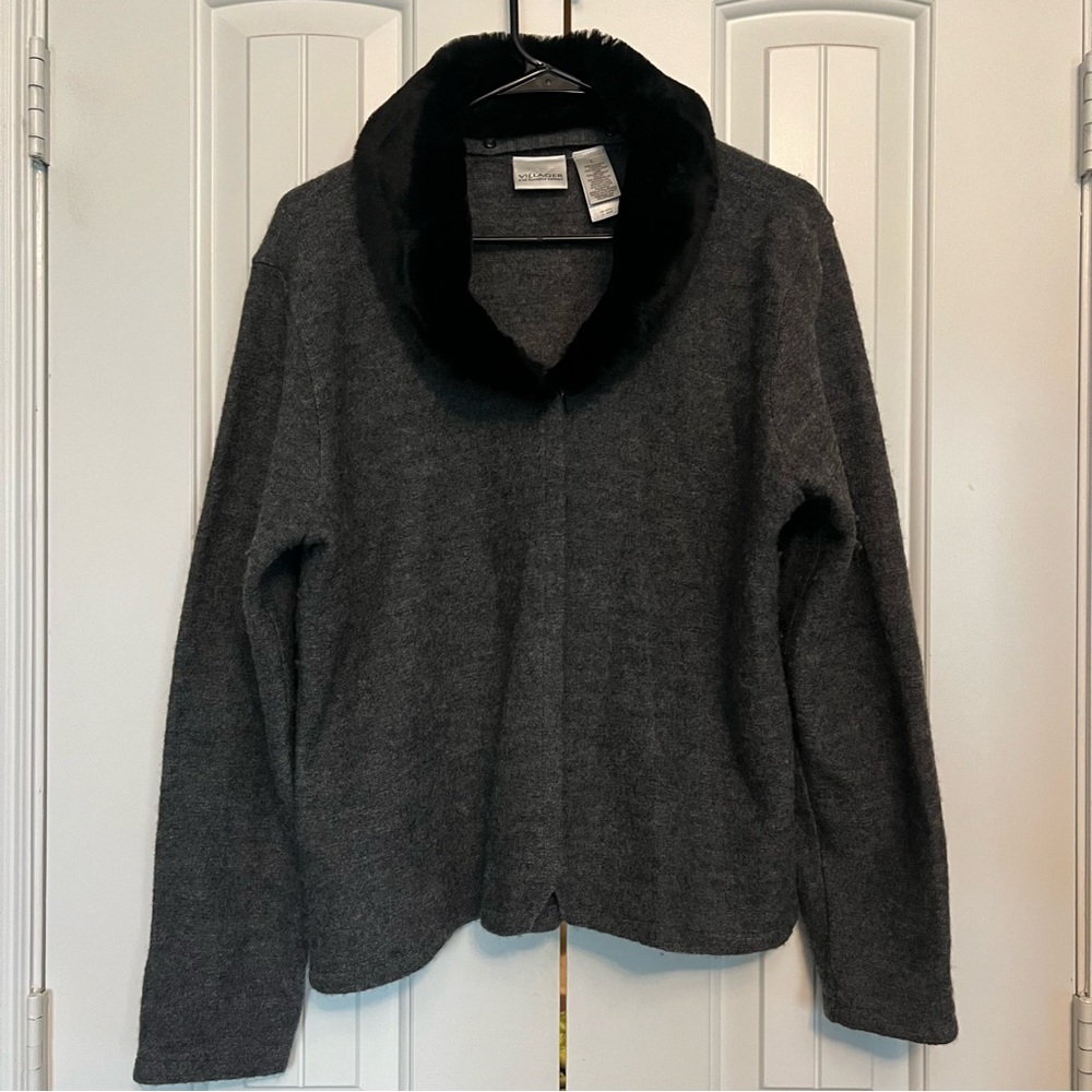 Liz Claiborne Villager Cardigan Sweater Wool Vintage Removable Faux Fur Collar